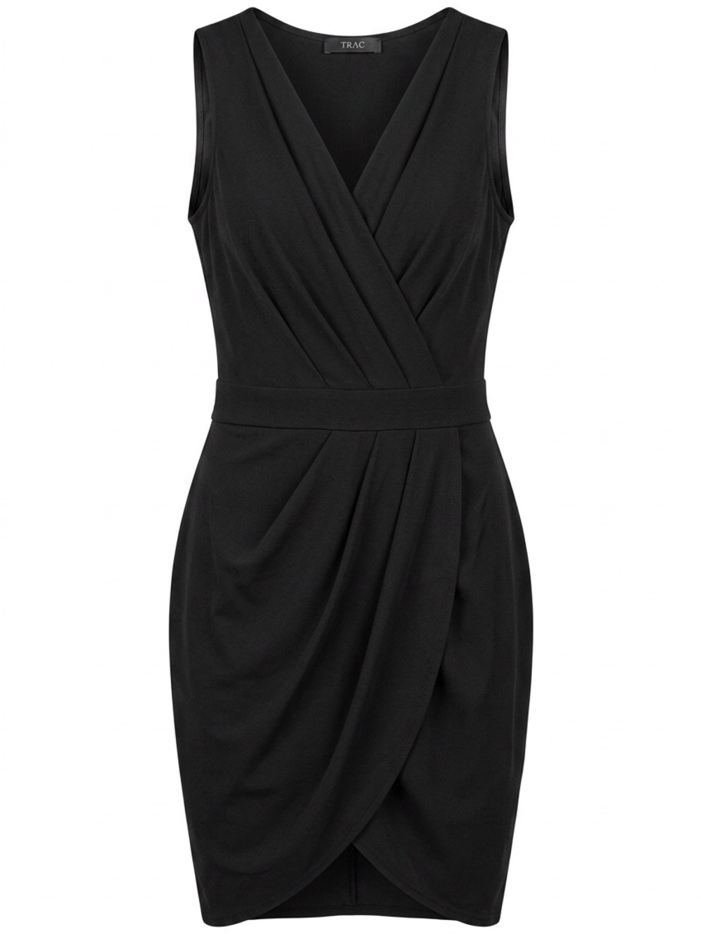 Trac Black Sleeveless Faux-Wrap Midi Dress